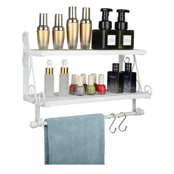 2-Tier Rustic Farmhouse Wood Wall Shelf with 8 Hooks - Picture 11 of 14